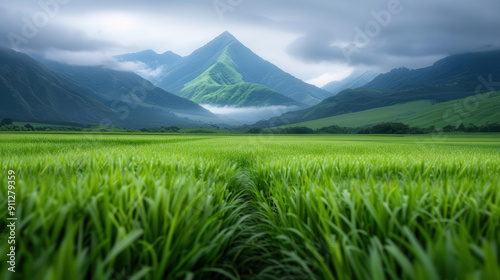 Green valley with mountains in the background, vibrant and lush landscape, tranquil and serene.