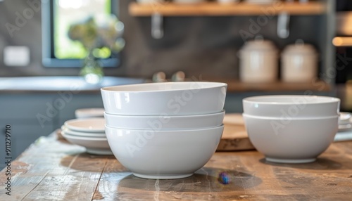 Three White Bowls Stacked on Rustic Wooden Table in Modern Kitchen Setting
