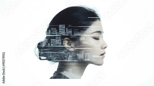 Asian woman in side view portrait with double exposure technology glitch and cityscape. This inspired, low saturation digital imagery, merging modern and futuristic art concepts with a creative twist.
