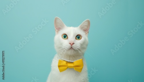 Elegant White Cat Wearing Yellow Bow Tie Posed Against Light Blue Background