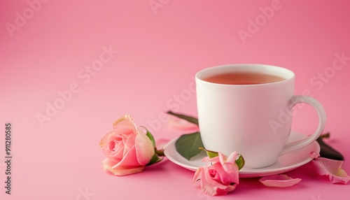 Delicate White Cup of Tea Surrounded by Pink Roses on Soft Pink Background