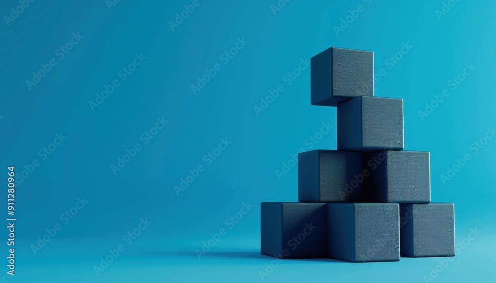 Stacked Dark Blue Cubes Against a Bright Turquoise Background In Minimalist Arrangement Stacked Dark Blue Cubes Against a Bright Turquoise Background In Minimalist Arrangement