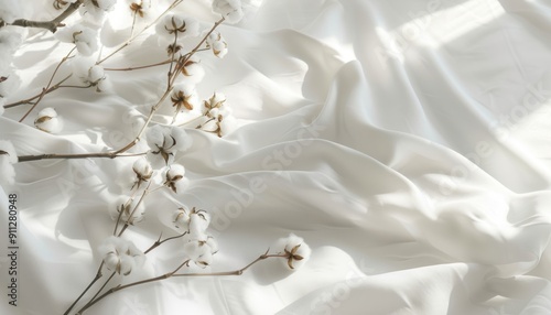 Delicate Cotton Stems Resting on Soft, White Fabric in Morning Light