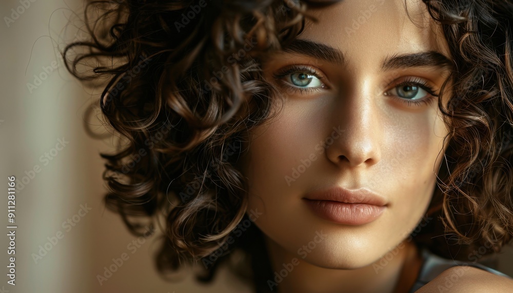 Young Woman With Curly Hair and Captivating Blue Eyes Posing in Soft Natural Light Indoors Young Woman With Curly Hair and Captivating Blue Eyes Posing in Soft Natural Light Indoors