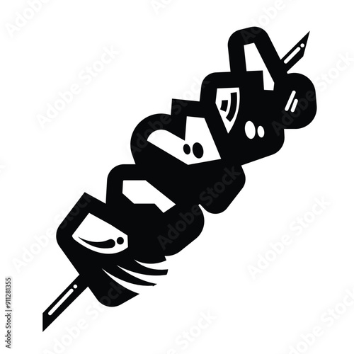 Meat skewer food icon illustration isolated on square white background. Simple flat black and white outlined cartoon art styled drawing.