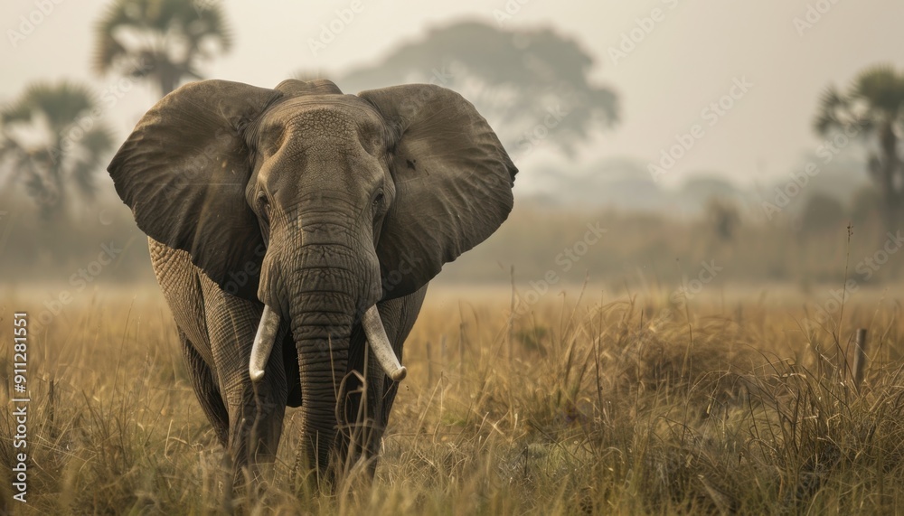 Majestic Elephant Standing in Tall Grass During Golden Hour in the African Savanna Majestic Elephant Standing in Tall Grass During Golden Hour in the African Savanna