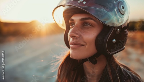 Female Biker Enjoys Sunset While Wearing Helmet on Open Road During Evening Adventure