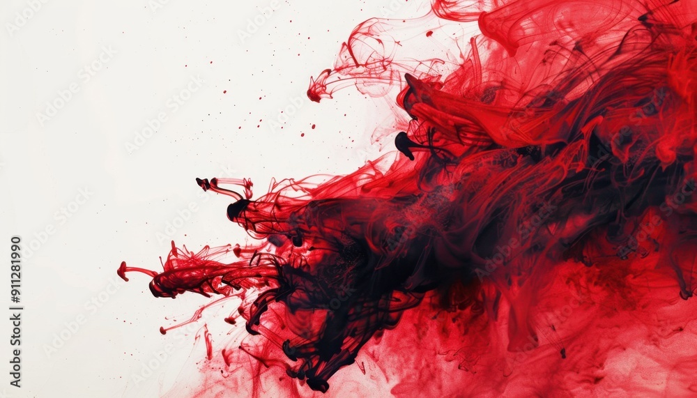 Vibrant Red and Black Ink Swirl Against White Background Creating Abstract Art Vibrant Red and Black Ink Swirl Against White Background Creating Abstract Art