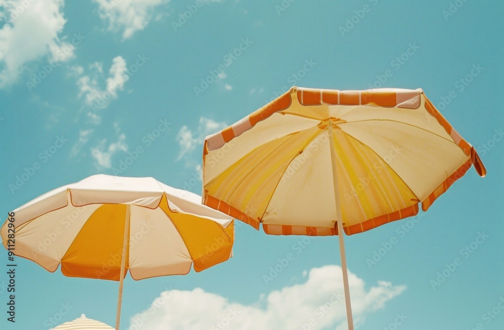 Two yellow and white beach umbrellas under a blue sky with fluffy clouds The vibrant colors capture a cheerful summer vibe Two yellow and white beach umbrellas under a blue sky with fluffy clouds The vibrant colors capture a cheerful summer vibe