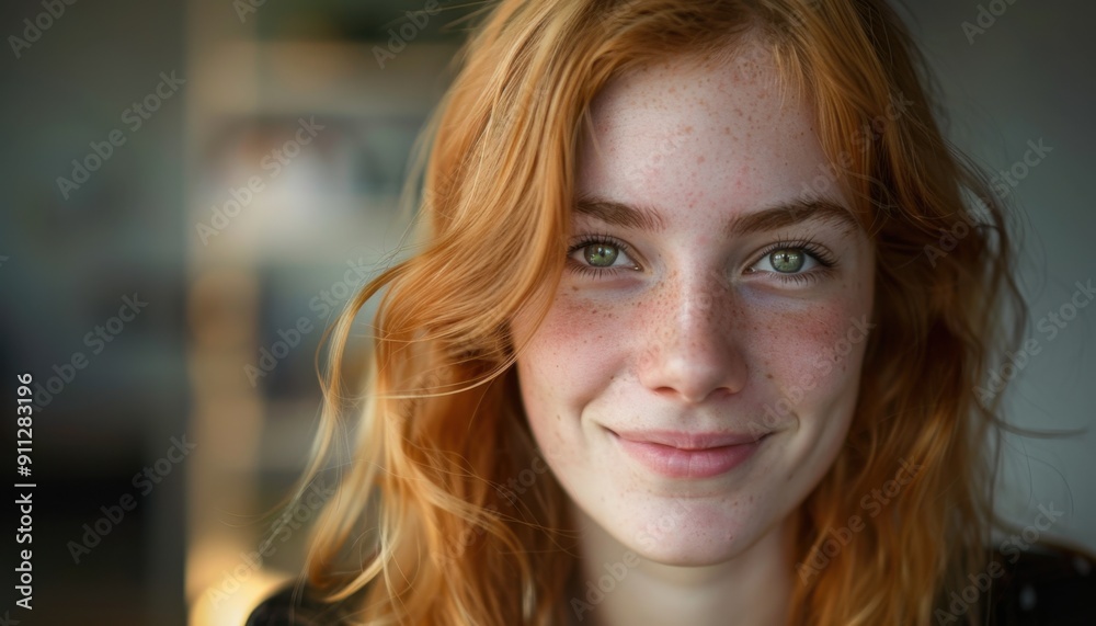 Smiling Young Woman With Long Red Hair in a Cozy Indoor Setting Near Evening Light Smiling Young Woman With Long Red Hair in a Cozy Indoor Setting Near Evening Light