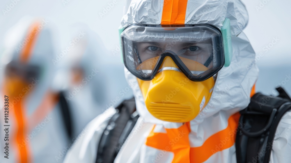 A team of workers in protective gear, responding to an emergency on an offshore platform A team of workers in protective gear, responding to an emergency on an offshore platform