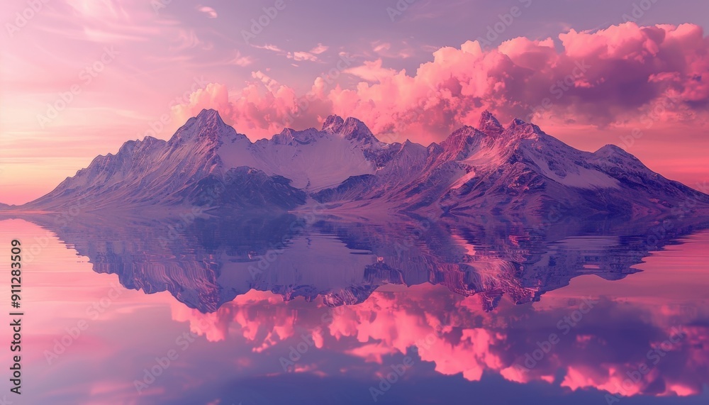 Majestic Mountain Range Reflected in Calm Waters at Sunset With Vibrant Pink and Purple Clouds Majestic Mountain Range Reflected in Calm Waters at Sunset With Vibrant Pink and Purple Clouds