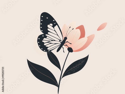 Wallpaper Mural Butterfly on a flower, minimal 2D vector illustration, basic and clean lines, simplistic and clear design, neutral tones Torontodigital.ca