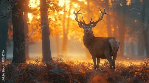 Graceful deer standing in a misty forest clearing at dawn
