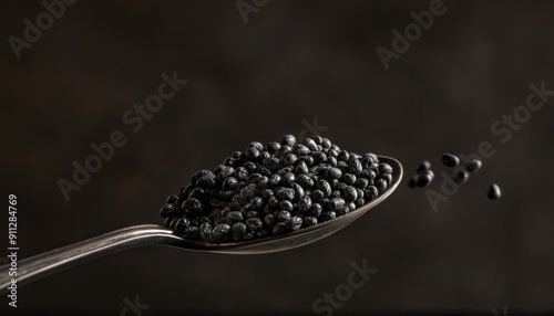 Glimmering Black Seeds in Silver Spoon Against Dark Background Capturing Culinary Texture and Detail