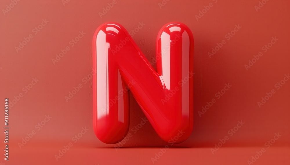 Bright Red Glossy Letter N Against Solid Red Background in Minimalistic Design Bright Red Glossy Letter N Against Solid Red Background in Minimalistic Design