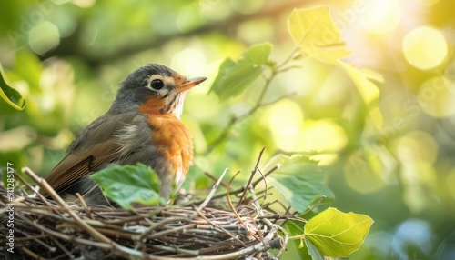 A Baby Bird on Its Nest Surrounded by Lush Green Leaves in Morning Light