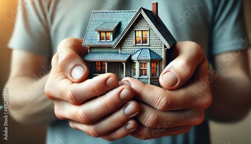 Photorealistic CGI depiction of realistic human hands holding a small, detailed house with a blue roof