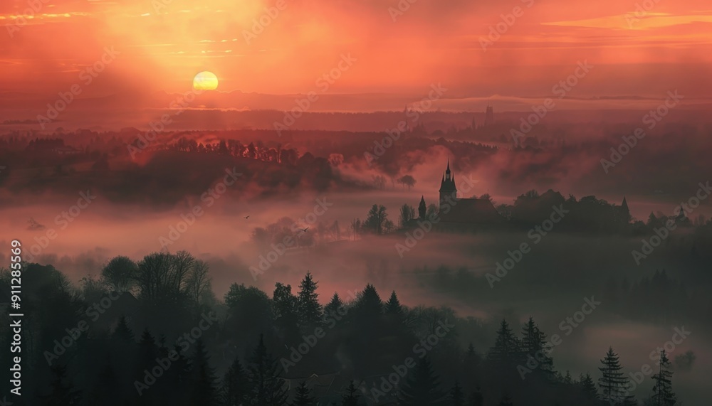 Misty Sunrise Over Historic Castle Surrounded by Dense Forest in Early Morning Light Misty Sunrise Over Historic Castle Surrounded by Dense Forest in Early Morning Light