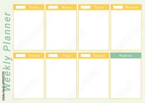 Weekly planner template. To do list with place for schedule by days of the week, priorities. Horizontal A4 page