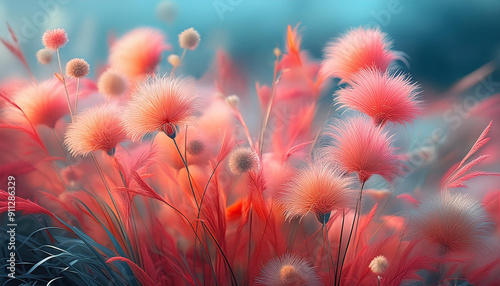 Puszyste  kwiaty na łące, abstrakcja dekoracja trendy 2025, generative ai  © Elżbieta Kaps
