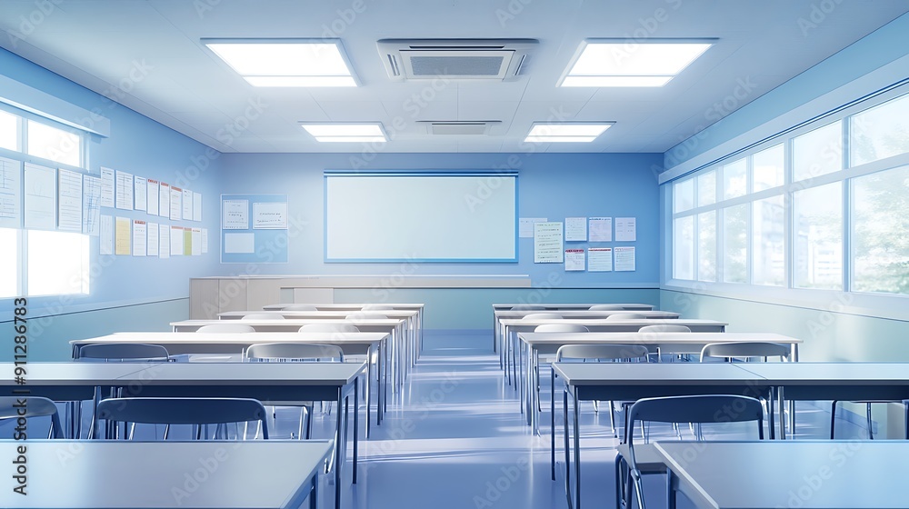 Korean High School Classroom: Neat Desks, Digital Screen, and Soft Natural Light Korean High School Classroom: Neat Desks, Digital Screen, and Soft Natural Light