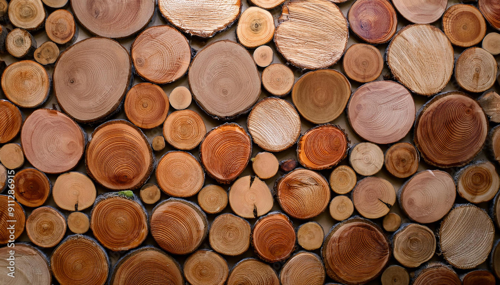 Fototapeta premium Wzór tapety w krążki drewna, dekoracja generative ai