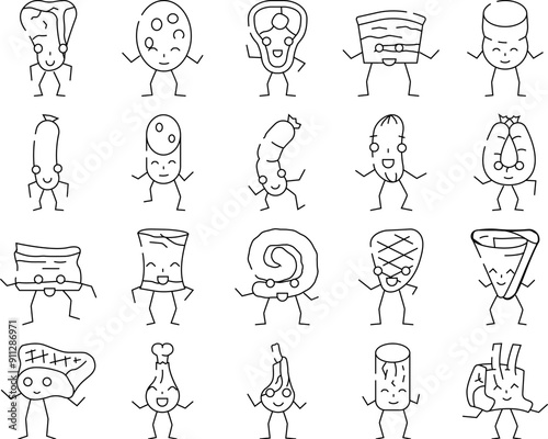 meat character food meal icons set vector. funny cute, beef happy, face restaurant, steak design, slice smile, comic dinner meat character food meal black contour illustrations