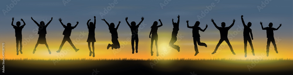 Group of kids jumping together in row outdoor on meadow at sunset time silhouette. Group of kids jumping together in row outdoor on meadow at sunset time silhouette.