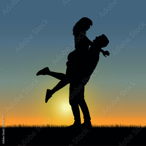 Man lifting woman on grass field romantic pose at sunset in nature silhouette.