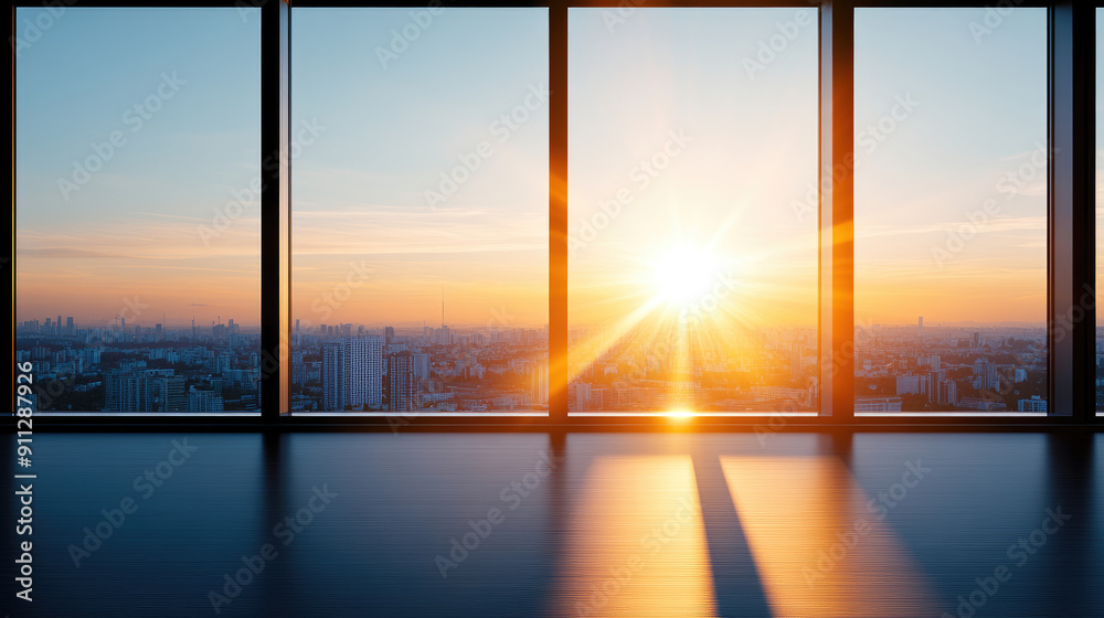 Fototapeta premium Stunning sunrise view from a modern window, casting warm light across a city skyline, creating a peaceful and inspiring atmosphere.