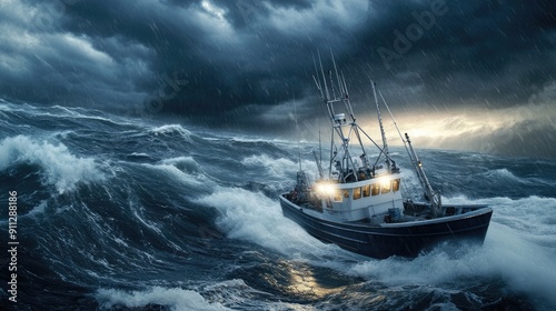 A fishing boat struggles against towering waves and dark clouds as a storm brews in the evening sky photo