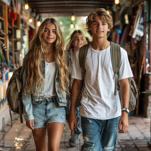 a couple of teenagers go to school, close up portrait