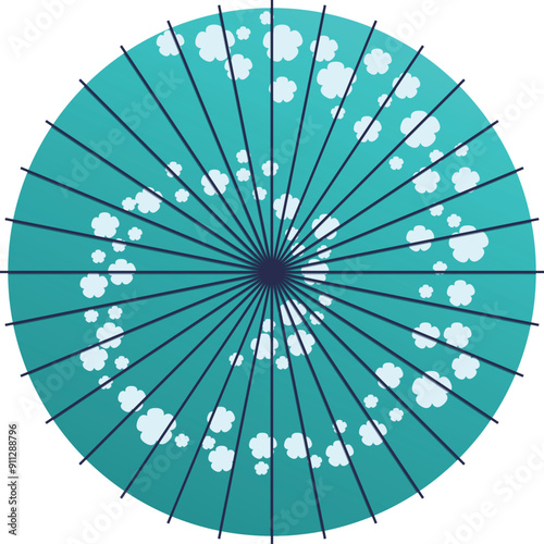 Blue japanese parasol is featuring a white floral pattern on its fabric