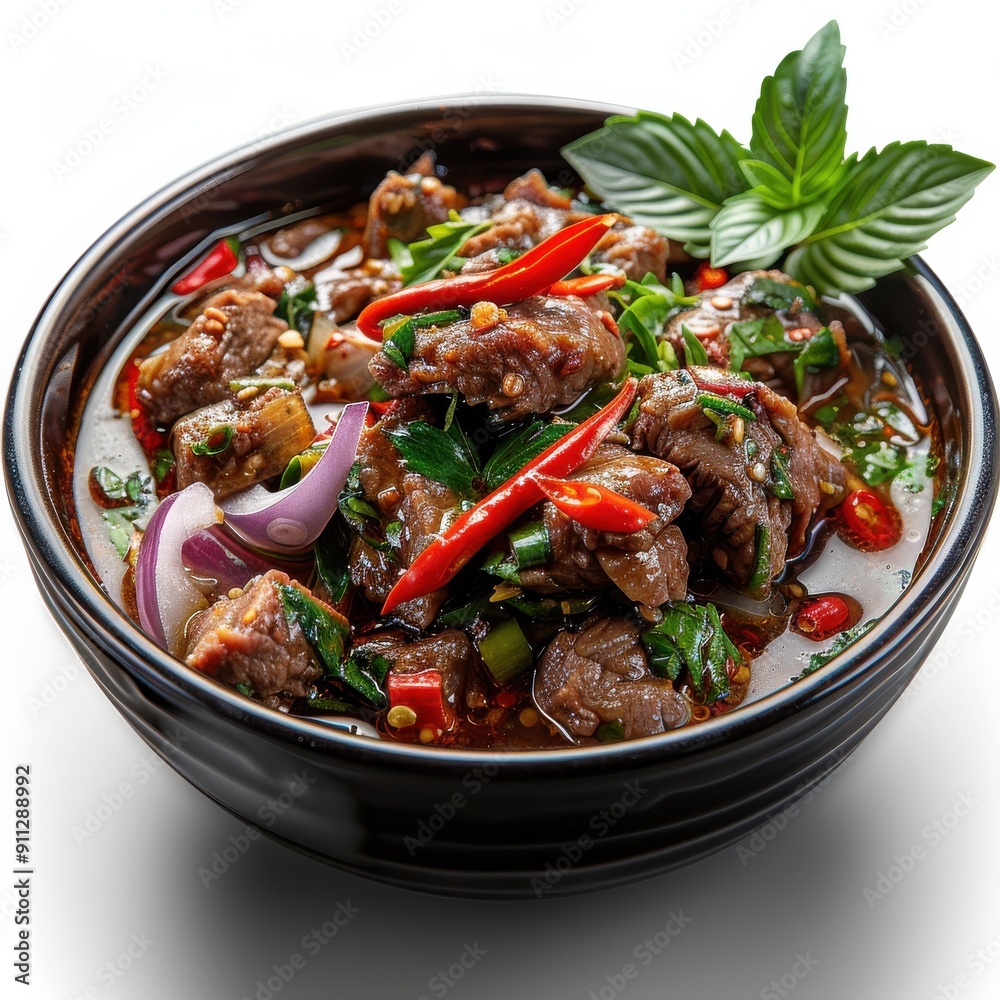 Closeup of Delicious Laab Moo Dish on White Background Closeup of Delicious Laab Moo Dish on White Background