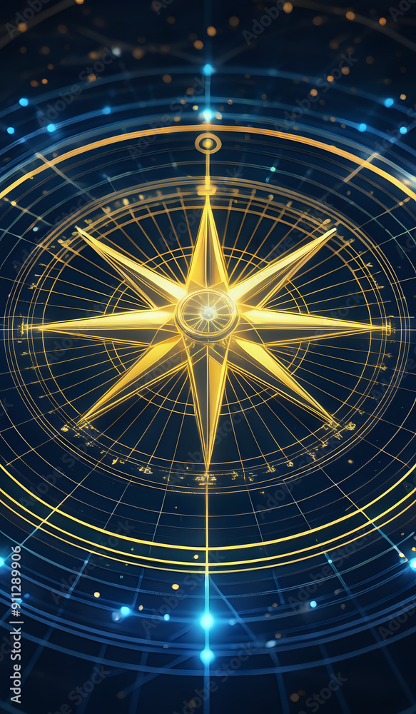A holographic nautical compass on top of glowing lines representing network communication with sparkles of light in yellow and blue tones A holographic nautical compass on top of glowing lines representing network communication with sparkles of light in yellow and blue tones