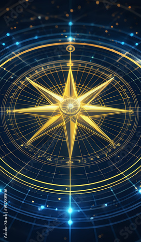 A holographic nautical compass on top of glowing lines representing network communication with sparkles of light in yellow and blue tones