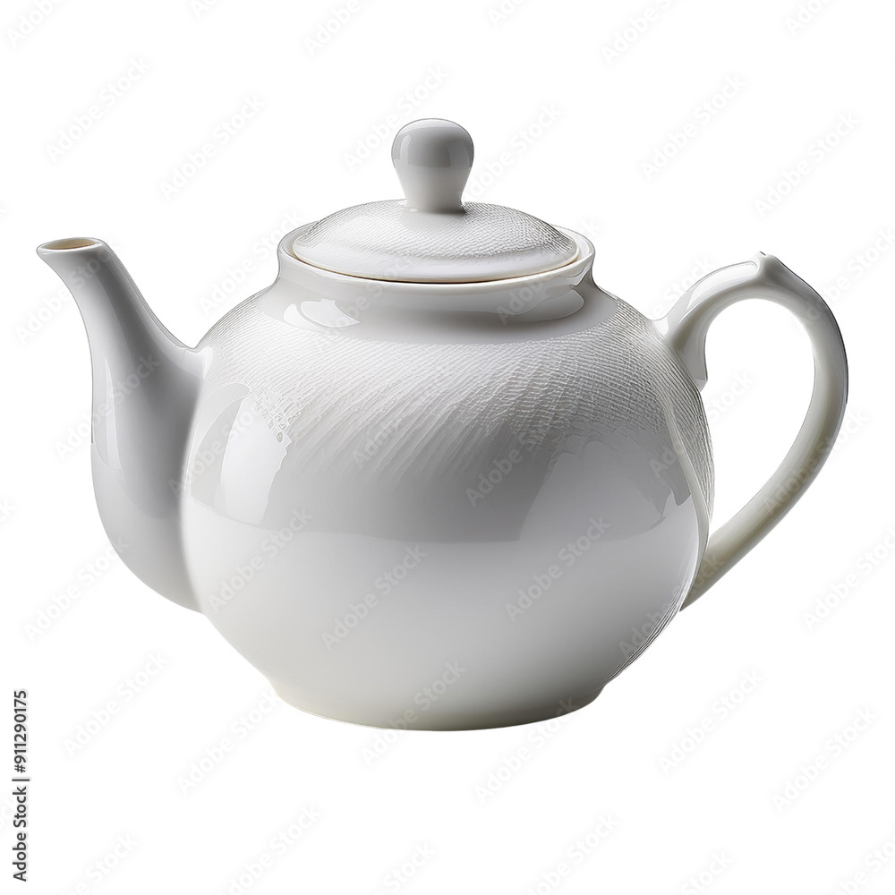 A white tea pot with a white lid sits on a transparent background A white tea pot with a white lid sits on a transparent background