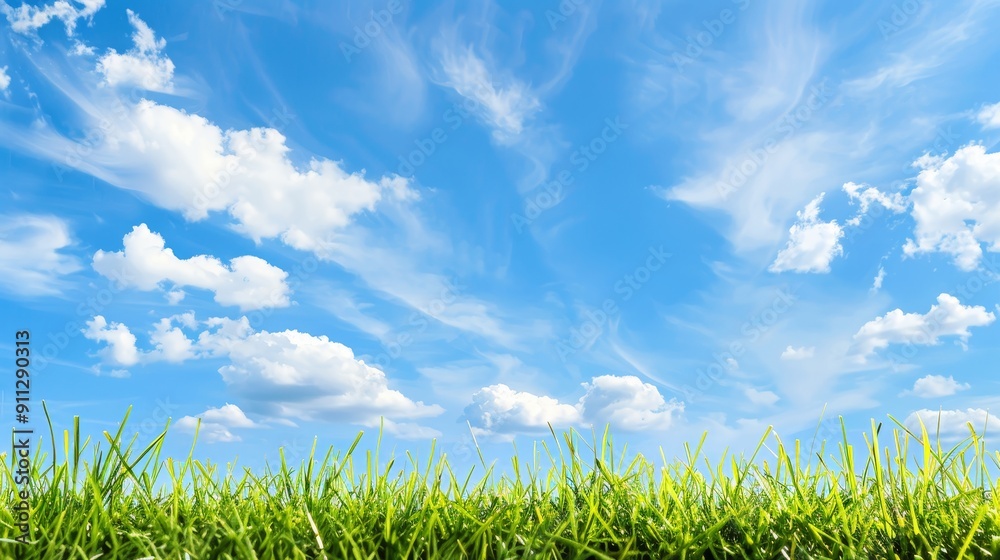 Fototapeta premium Peaceful Blue Sky with Lush Green Grass Creating a Serene and Inviting Natural Background for Outdoor Activities