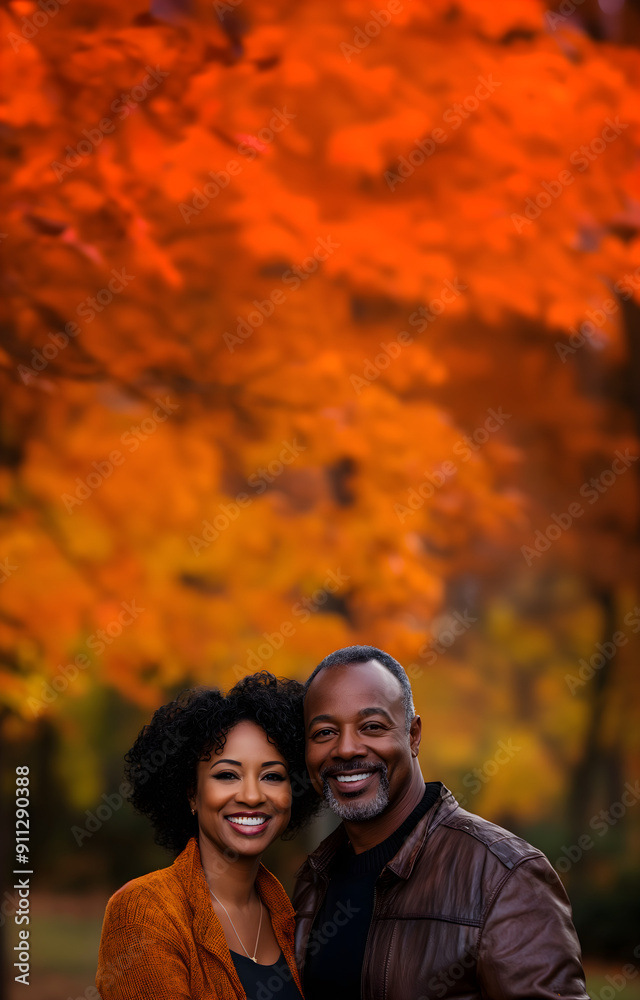 portrait of middle age african american couple standing outside; autumn/fall forest as a background; black retired husband & wife standing outside and hugging; copy space portrait of middle age african american couple standing outside; autumn/fall forest as a background; black retired husband & wife standing outside and hugging; copy space