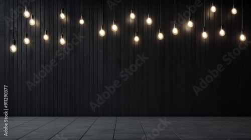 Wallpaper Mural Black wooden wall with light bulbs. 3d rendering mock up. Ai generative.
 Torontodigital.ca