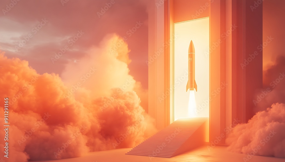 Startup Concept: Rocket Launch, Open Door to Possibilities, and Staircase to Success Startup Concept: Rocket Launch, Open Door to Possibilities, and Staircase to Success