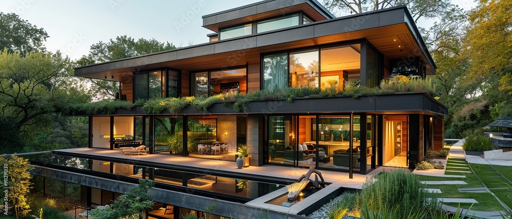 A large house with a pool and a garden on the roof