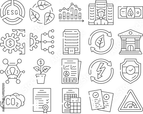 environmental social governance icons set vector. esg business, energy social, eco green, company ecology, sustainable investment environmental social governance black contour illustrations