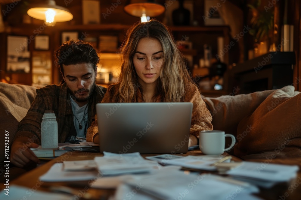 A couple focuses on their laptop while managing their finances together, amidst a cozy home setting filled with papers, capturing a moment of shared responsibility and teamwork. A couple focuses on their laptop while managing their finances together, amidst a cozy home setting filled with papers, capturing a moment of shared responsibility and teamwork.