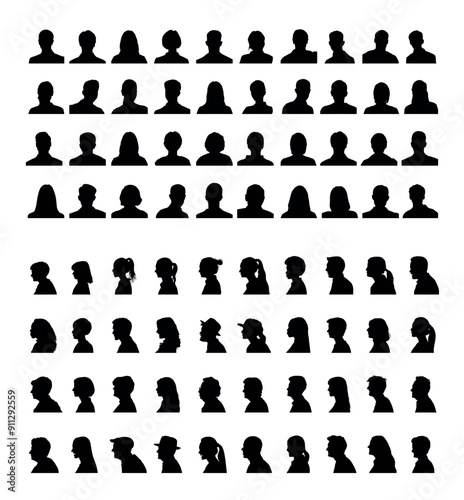 People all ages face portrait front view and side view avatar silhouettes set collection.
