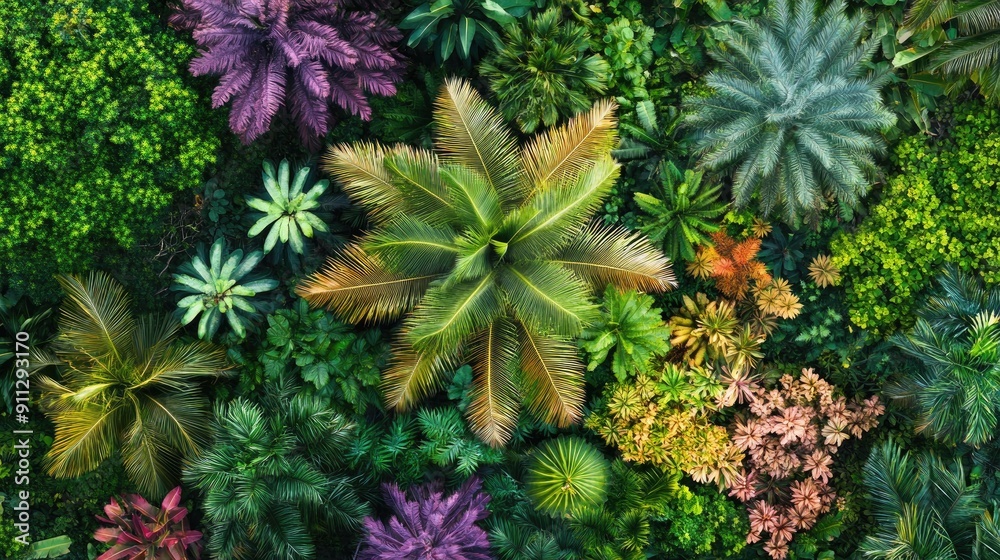 A top view of a coconut tree in a vibrant tropical forest, surrounded by diverse plant life A top view of a coconut tree in a vibrant tropical forest, surrounded by diverse plant life