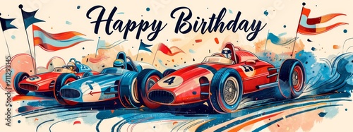 Vibrant Racing Car Birthday Celebration. Three classic racing cars zoom on the track with vibrant colors and dynamic movement. This horizontal banner is perfect for greeting cards or wallpapers.