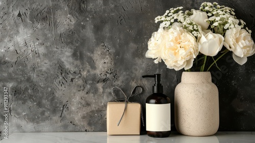 Fototapeta Naklejka Na Ścianę i Meble -  Elegant Still Life with Flowers, Gift, and Soap Dispenser