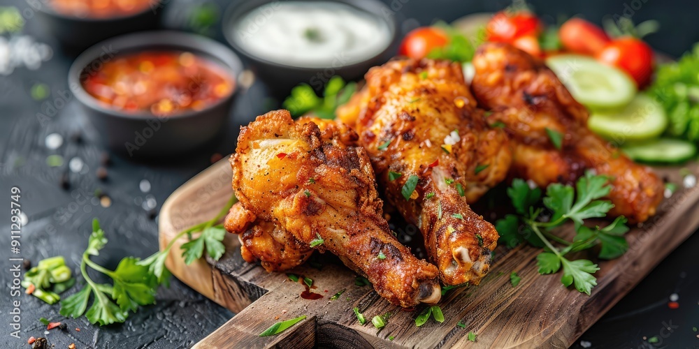 Delicious fried chicken with white sauce and vegetables. Generation of Ai Delicious fried chicken with white sauce and vegetables. Generation of Ai